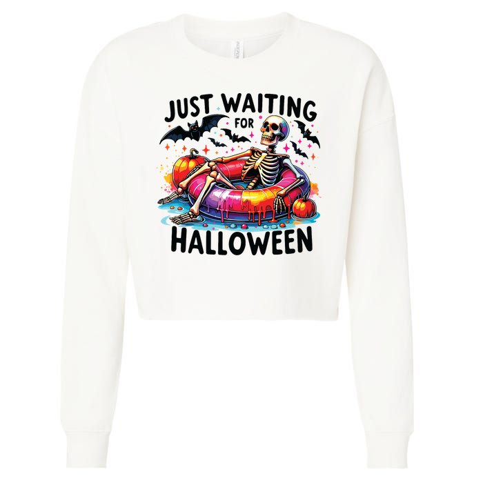 Funny Just Waiting For Halloween Skeleton Spooky Vibe Summer Cropped Pullover Crew