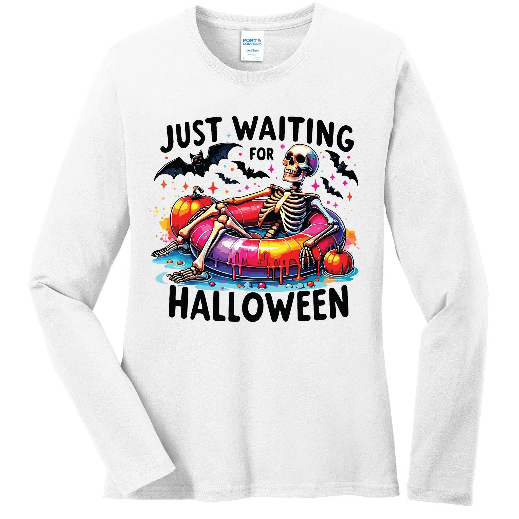 Funny Just Waiting For Halloween Skeleton Spooky Vibe Summer Ladies Long Sleeve Shirt