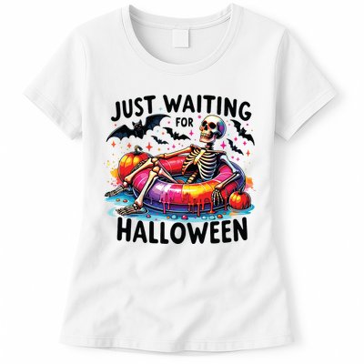 Funny Just Waiting For Halloween Skeleton Spooky Vibe Summer Womens T-Shirt