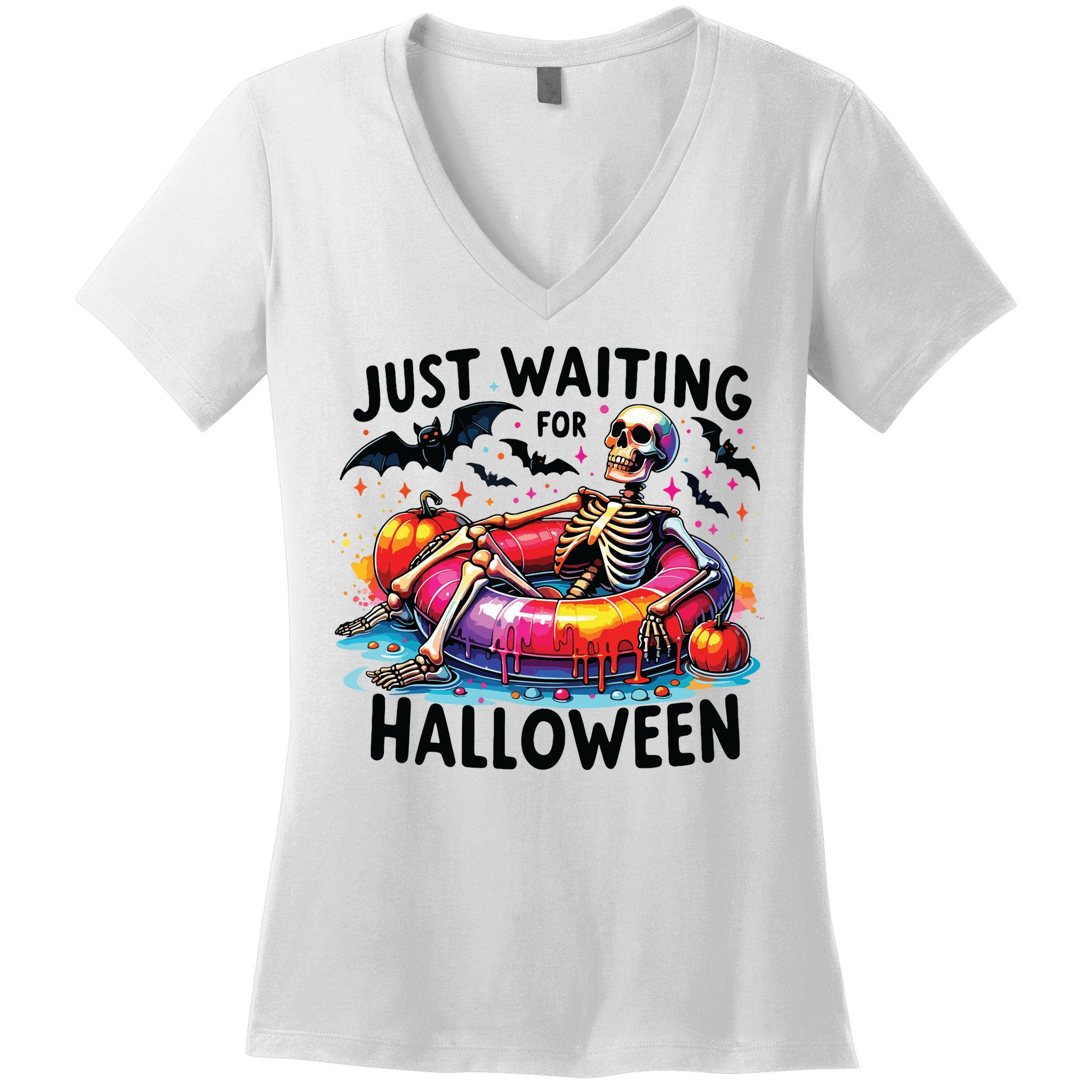 Funny Just Waiting For Halloween Skeleton Spooky Vibe Summer Women's V-Neck T-Shirt