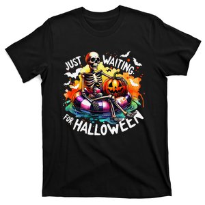 Funny Just Waiting For Halloween Skeleton Spooky Vibe Summer T-Shirt