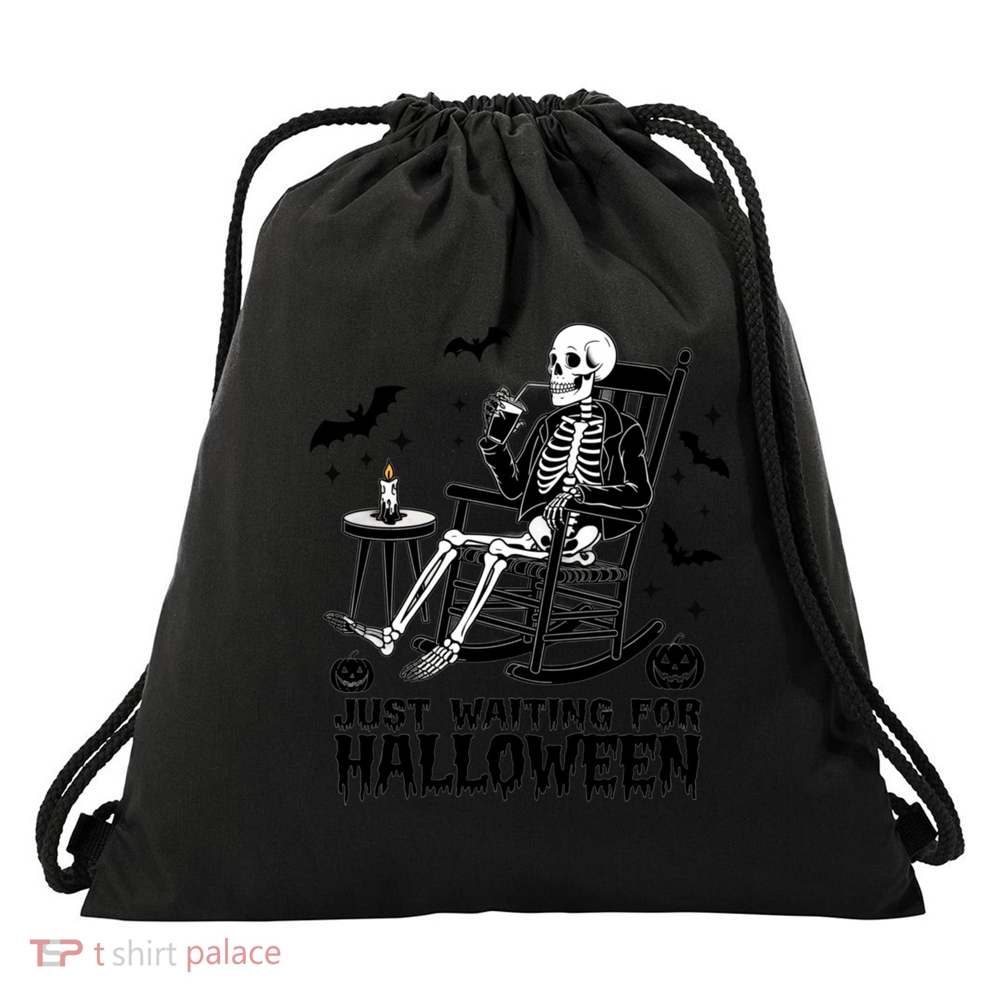 Funny Just Waiting For Halloween Skeleton Spooky Gift Drawstring Bag