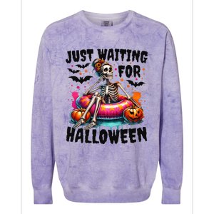 Funny Just Waiting For Halloween Skeleton Spooky Vibe Summer Gift Colorblast Crewneck Sweatshirt