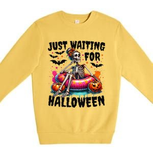 Funny Just Waiting For Halloween Skeleton Spooky Vibe Summer Gift Premium Crewneck Sweatshirt