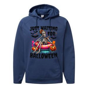 Funny Just Waiting For Halloween Skeleton Spooky Vibe Summer Gift Performance Fleece Hoodie