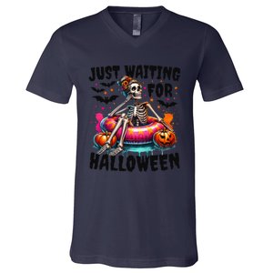 Funny Just Waiting For Halloween Skeleton Spooky Vibe Summer Gift V-Neck T-Shirt