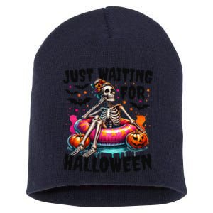 Funny Just Waiting For Halloween Skeleton Spooky Vibe Summer Gift Short Acrylic Beanie