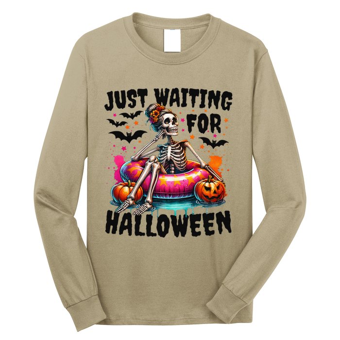 Funny Just Waiting For Halloween Skeleton Spooky Vibe Summer Gift Long Sleeve Shirt