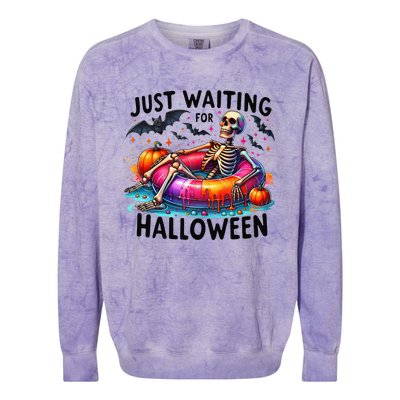 Funny Just Waiting For Halloween Skeleton Spooky Vibe Summer Colorblast Crewneck Sweatshirt