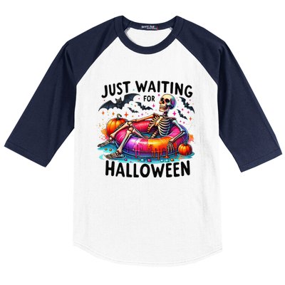 Funny Just Waiting For Halloween Skeleton Spooky Vibe Summer Baseball Sleeve Shirt