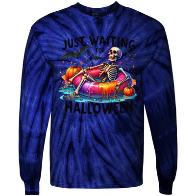 Funny Just Waiting For Halloween Skeleton Spooky Vibe Summer Tie-Dye Long Sleeve Shirt