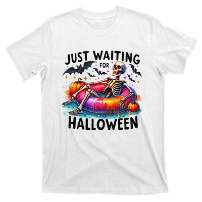 Funny Just Waiting For Halloween Skeleton Spooky Vibe Summer T-Shirt