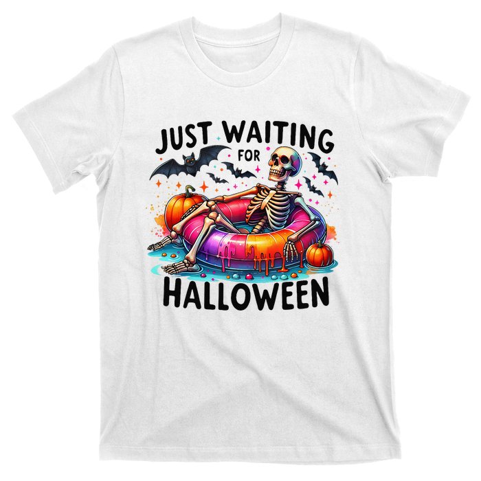 Funny Just Waiting For Halloween Skeleton Spooky Vibe Summer T-Shirt