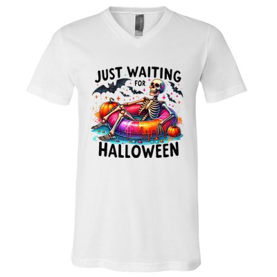 Funny Just Waiting For Halloween Skeleton Spooky Vibe Summer V-Neck T-Shirt