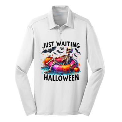 Funny Just Waiting For Halloween Skeleton Spooky Vibe Summer Silk Touch Performance Long Sleeve Polo