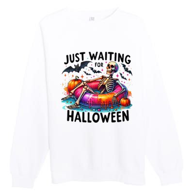 Funny Just Waiting For Halloween Skeleton Spooky Vibe Summer Premium Crewneck Sweatshirt