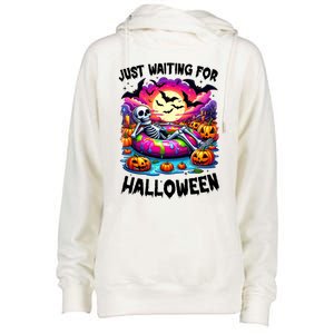 Funny Just Waiting For Halloween Skeleton Spooky Vibe Gift Womens Funnel Neck Pullover Hood