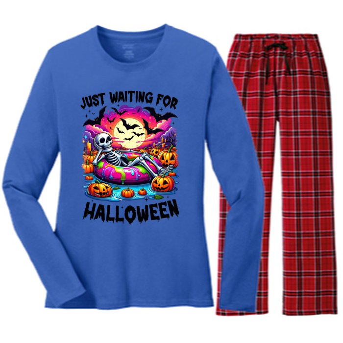 Funny Just Waiting For Halloween Skeleton Spooky Vibe Gift Women's Long Sleeve Flannel Pajama Set 