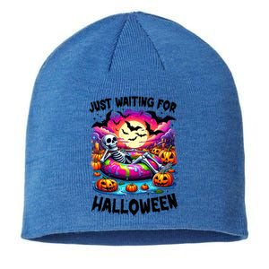 Funny Just Waiting For Halloween Skeleton Spooky Vibe Gift Sustainable Beanie