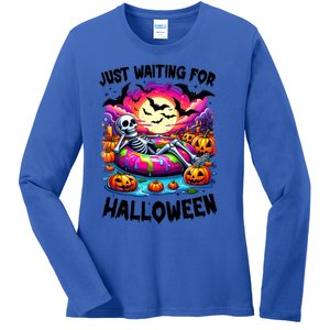 Funny Just Waiting For Halloween Skeleton Spooky Vibe Gift Ladies Long Sleeve Shirt