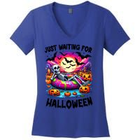 Funny Just Waiting For Halloween Skeleton Spooky Vibe Gift Women's V-Neck T-Shirt