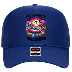 Funny Just Waiting For Halloween Skeleton Spooky Vibe Gift High Crown Mesh Back Trucker Hat