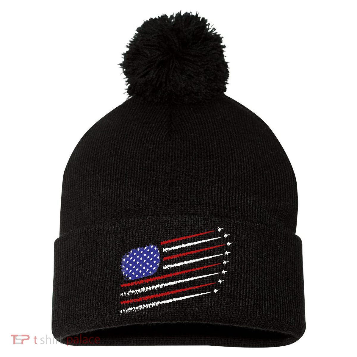 Fighter Jets With USA American Flag 4th Of July Celebration Pom Pom 12in Knit Beanie