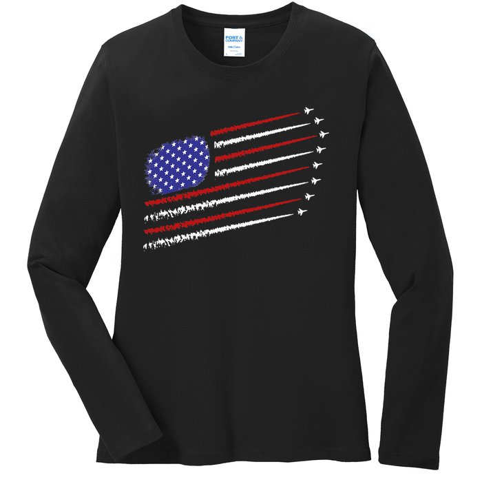 Fighter Jets With USA American Flag 4th Of July Celebration Ladies Long Sleeve Shirt