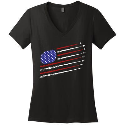 Fighter Jets With USA American Flag 4th Of July Celebration Women's V-Neck T-Shirt