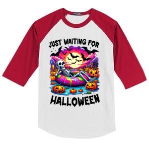 Funny Just Waiting For Halloween Skeleton Spooky Vibe Gift Kids Colorblock Raglan Jersey