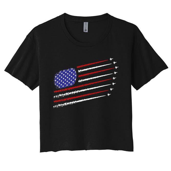 Fighter Jets With USA American Flag 4th Of July Celebration Women's Crop Top Tee