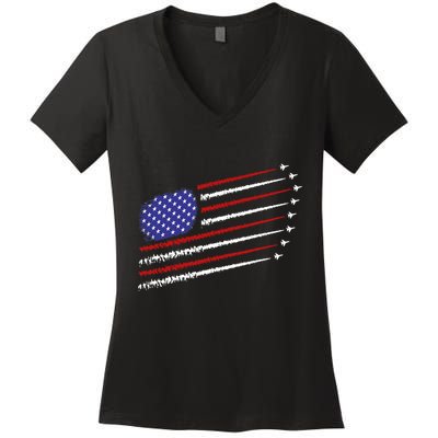 Fighter Jets With Usa American Flag 4th Of July Celebration Women's V-Neck T-Shirt