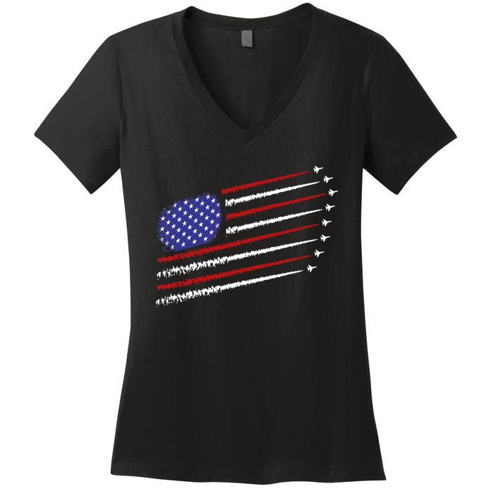 Fighter Jets With Usa American Flag 4th Of July Celebration Women's V-Neck T-Shirt