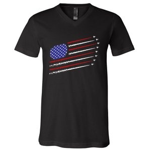 Fighter Jets With USA American Flag 4th Of July Celebration V-Neck T-Shirt