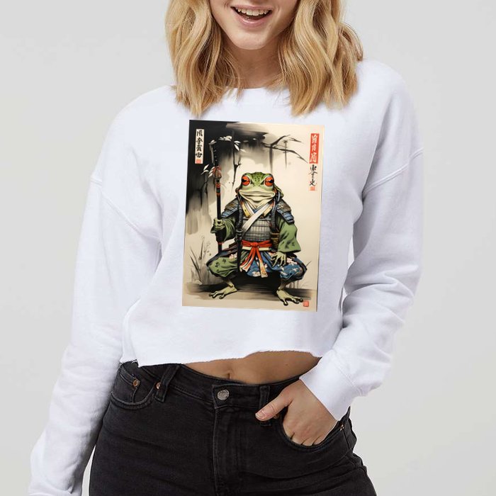 Frog Japanese Woodblock Cropped Pullover Crew