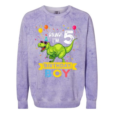 Funny Kids 5 Year Old Gift 5th Birthday Boy T Rex Dinosaur Gift Colorblast Crewneck Sweatshirt