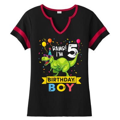 Funny Kids 5 Year Old Gift 5th Birthday Boy T Rex Dinosaur Gift Ladies Halftime Notch Neck Tee