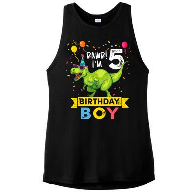 Funny Kids 5 Year Old Gift 5th Birthday Boy T Rex Dinosaur Gift Ladies PosiCharge Tri-Blend Wicking Tank