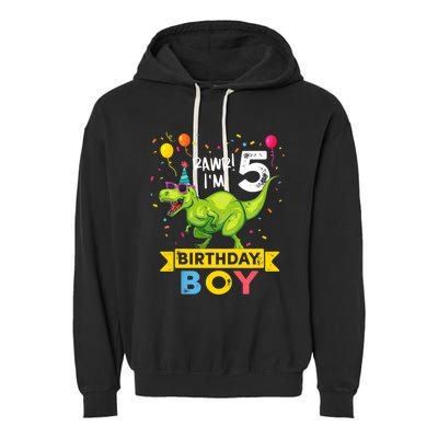 Funny Kids 5 Year Old Gift 5th Birthday Boy T Rex Dinosaur Gift Garment-Dyed Fleece Hoodie