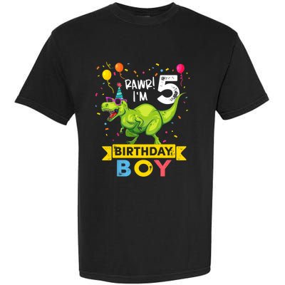 Funny Kids 5 Year Old Gift 5th Birthday Boy T Rex Dinosaur Gift Garment-Dyed Heavyweight T-Shirt