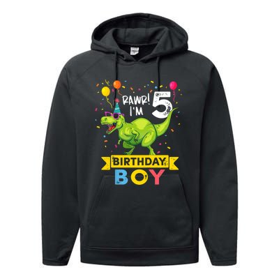 Funny Kids 5 Year Old Gift 5th Birthday Boy T Rex Dinosaur Gift Performance Fleece Hoodie