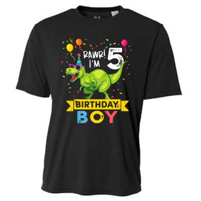 Funny Kids 5 Year Old Gift 5th Birthday Boy T Rex Dinosaur Gift Cooling Performance Crew T-Shirt