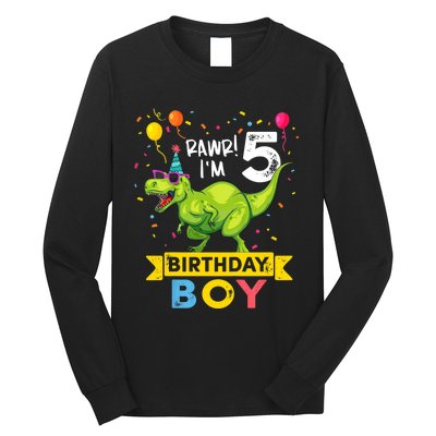 Funny Kids 5 Year Old Gift 5th Birthday Boy T Rex Dinosaur Gift Long Sleeve Shirt