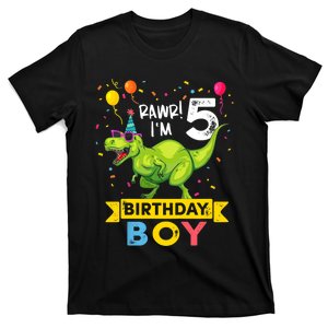 Funny Kids 5 Year Old Gift 5th Birthday Boy T Rex Dinosaur Gift T-Shirt