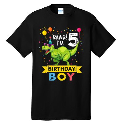 Funny Kids 5 Year Old Gift 5th Birthday Boy T Rex Dinosaur Gift Tall T-Shirt