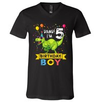 Funny Kids 5 Year Old Gift 5th Birthday Boy T Rex Dinosaur Gift V-Neck T-Shirt