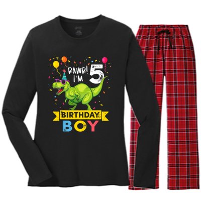 Funny Kids 5 Year Old Gift 5th Birthday Boy T Rex Dinosaur Gift Women's Long Sleeve Flannel Pajama Set 