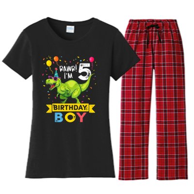 Funny Kids 5 Year Old Gift 5th Birthday Boy T Rex Dinosaur Gift Women's Flannel Pajama Set