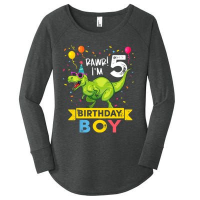 Funny Kids 5 Year Old Gift 5th Birthday Boy T Rex Dinosaur Gift Women's Perfect Tri Tunic Long Sleeve Shirt