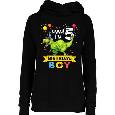 Funny Kids 5 Year Old Gift 5th Birthday Boy T Rex Dinosaur Gift Womens Funnel Neck Pullover Hood